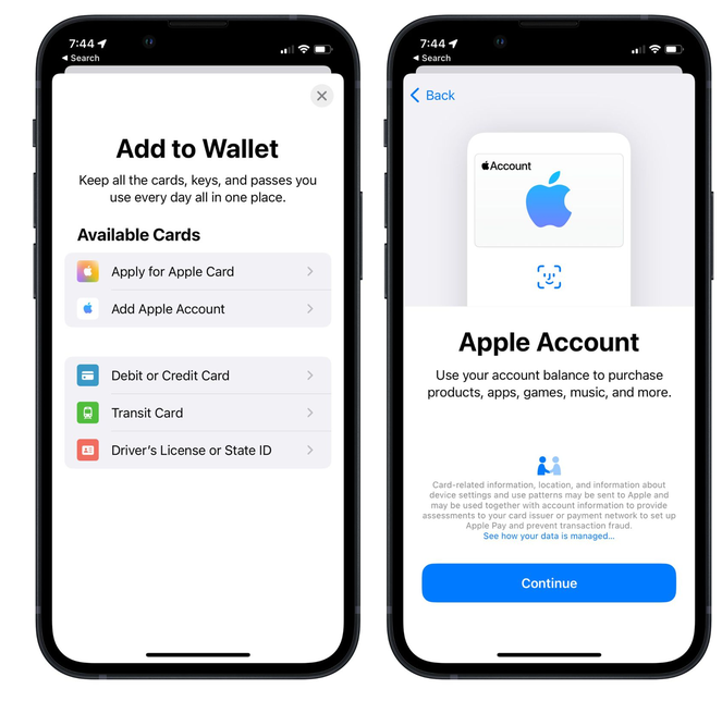 石碣镇苹果手机维修分享iOS 15.5钱包App如何添加 Apple 账户 