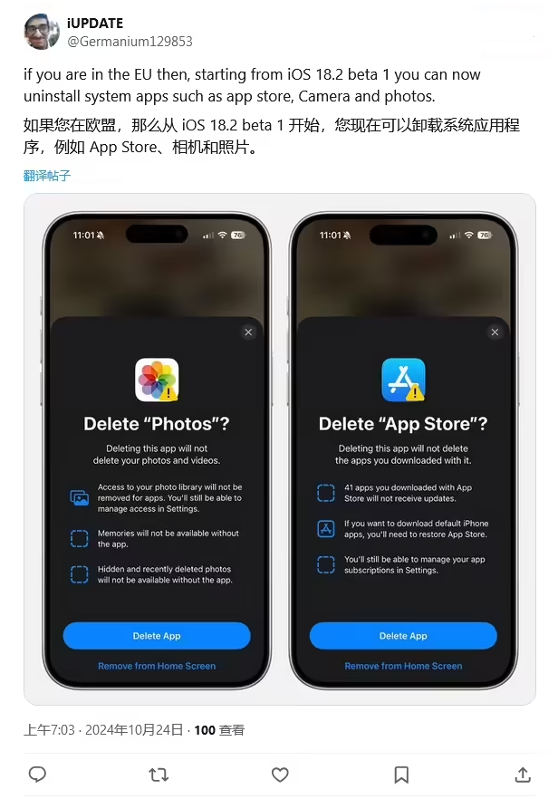 石碣镇苹果手机维修分享iOS 18.2 支持删除 App Store 应用商店 