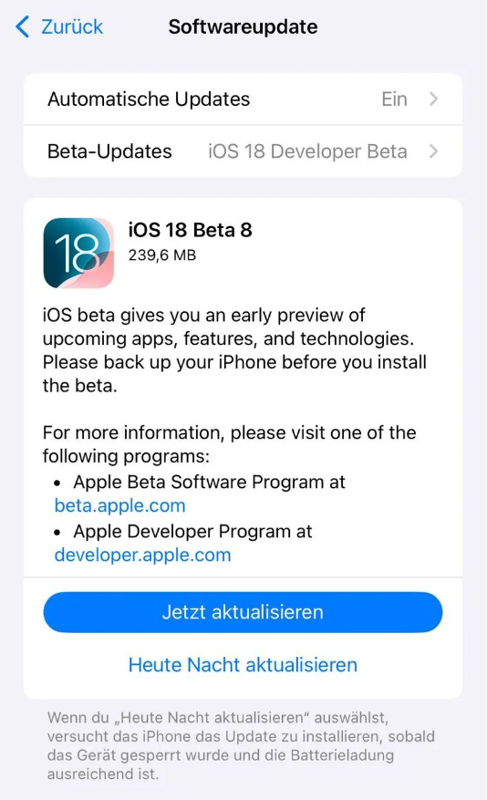 石碣镇苹果手机维修分享苹果 iOS / iPadOS 18 开发者预览版 Beta 8 发布 